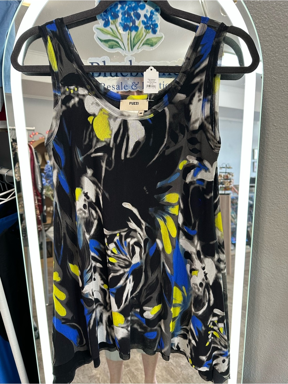 Fuzzi Black Sleeveless Tunic with Blue and Yellow Abstract Print